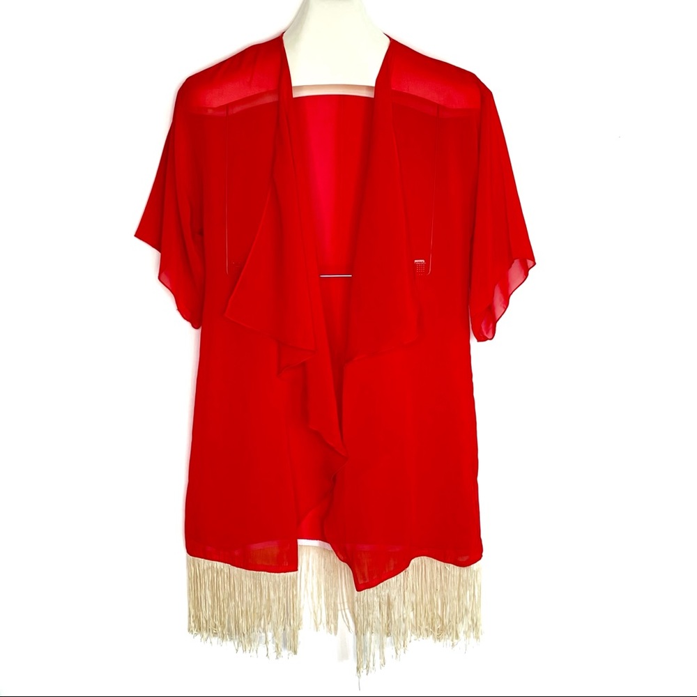 LULAROE Monroe Kimono Knee Length Red with Ivory Fringe Small (0-12)